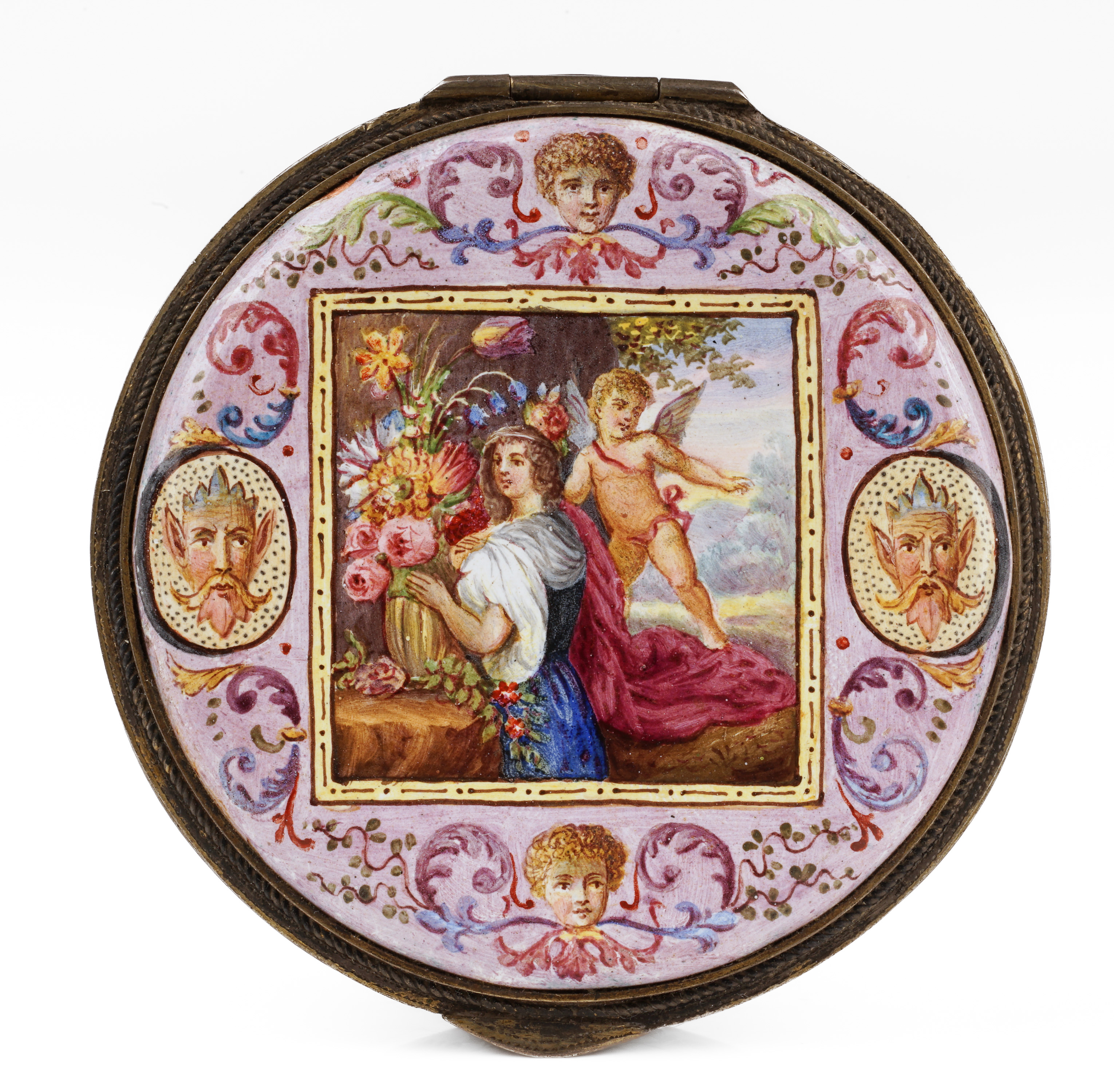 Round Viennese enamel box, painted with