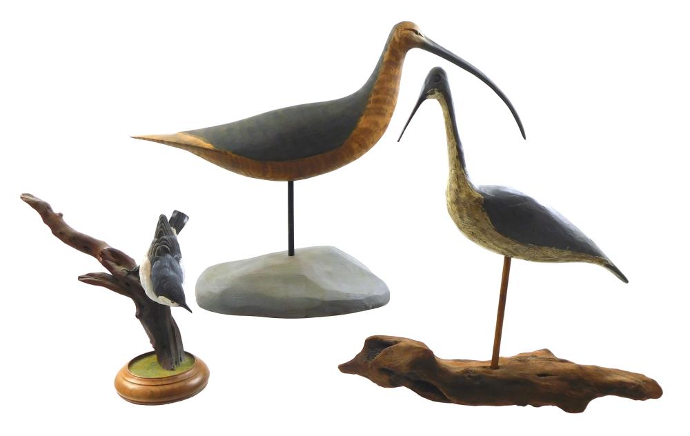 THREE BIRD SCULPTURES, HAND CARVED AND