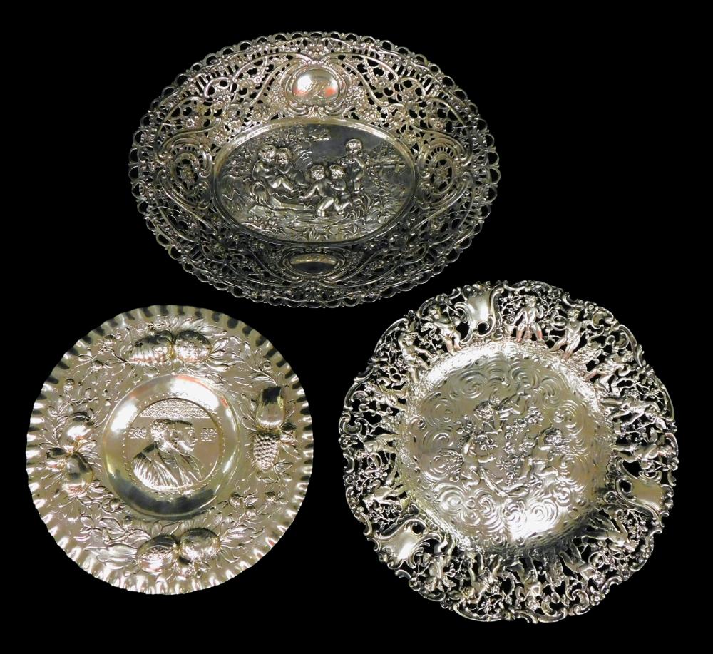 SILVER THREE SILVER REPOUSSE DISHES  30937b