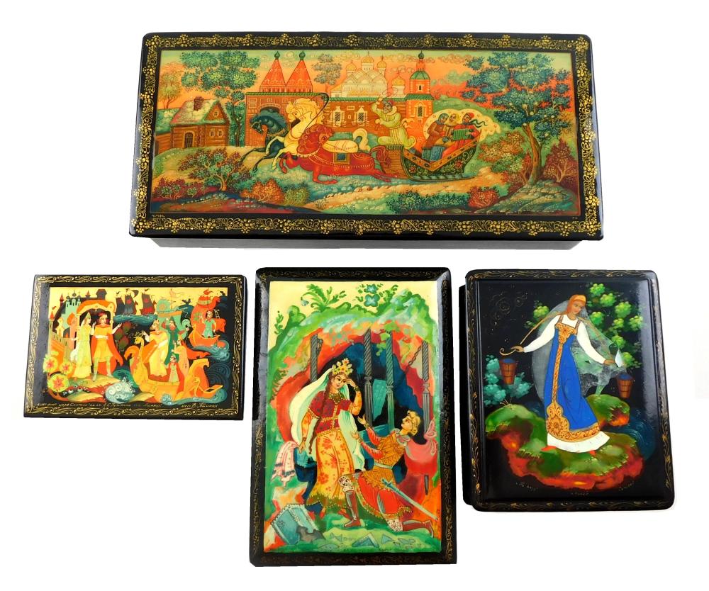 FOUR RUSSIAN HAND-PAINTED LACQUER