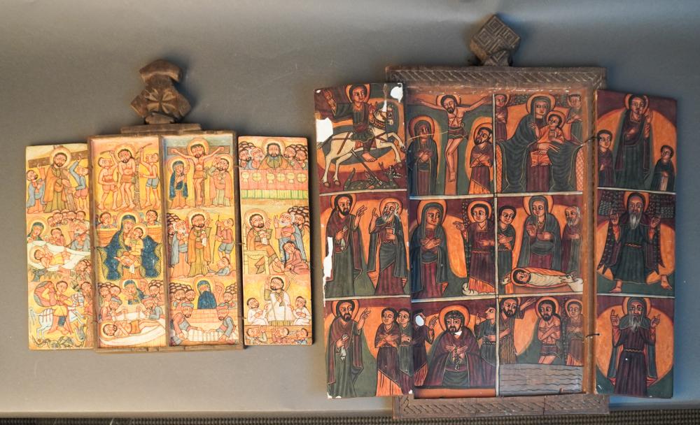 TWO COPTIC PAINTED AND CARVED WOOD