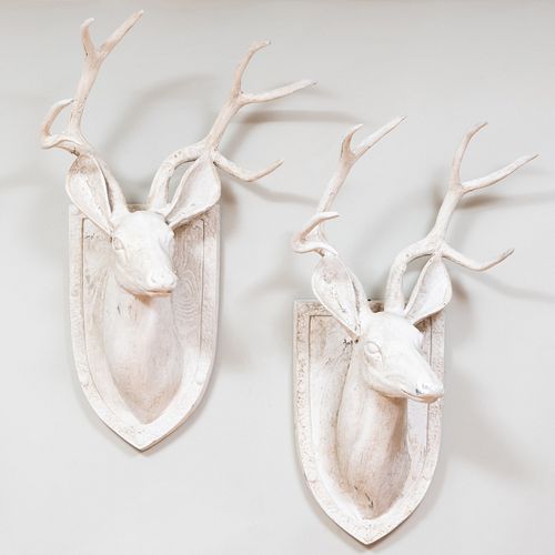 PAIR OF WHITE PAINTED METAL STAG'S