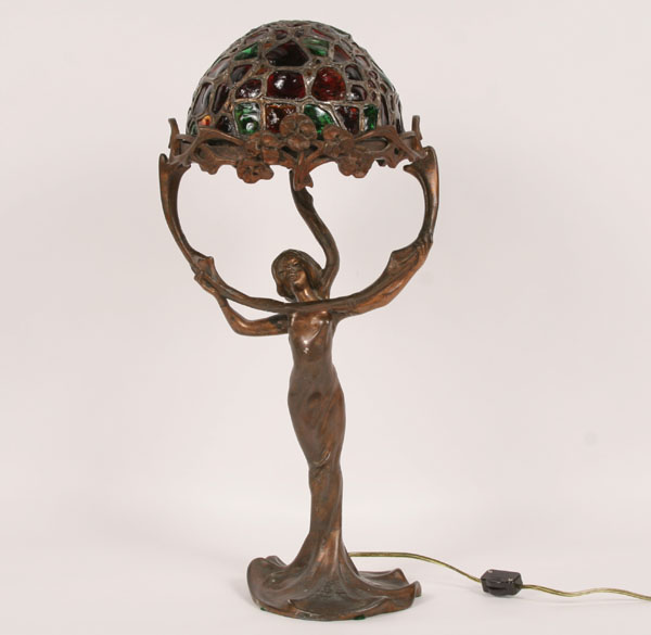 Art Nouveau cast metal lady lamp;