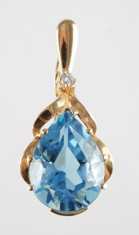 14K GOLD BLUE TOPAZ DIAMOND PENDANTPear