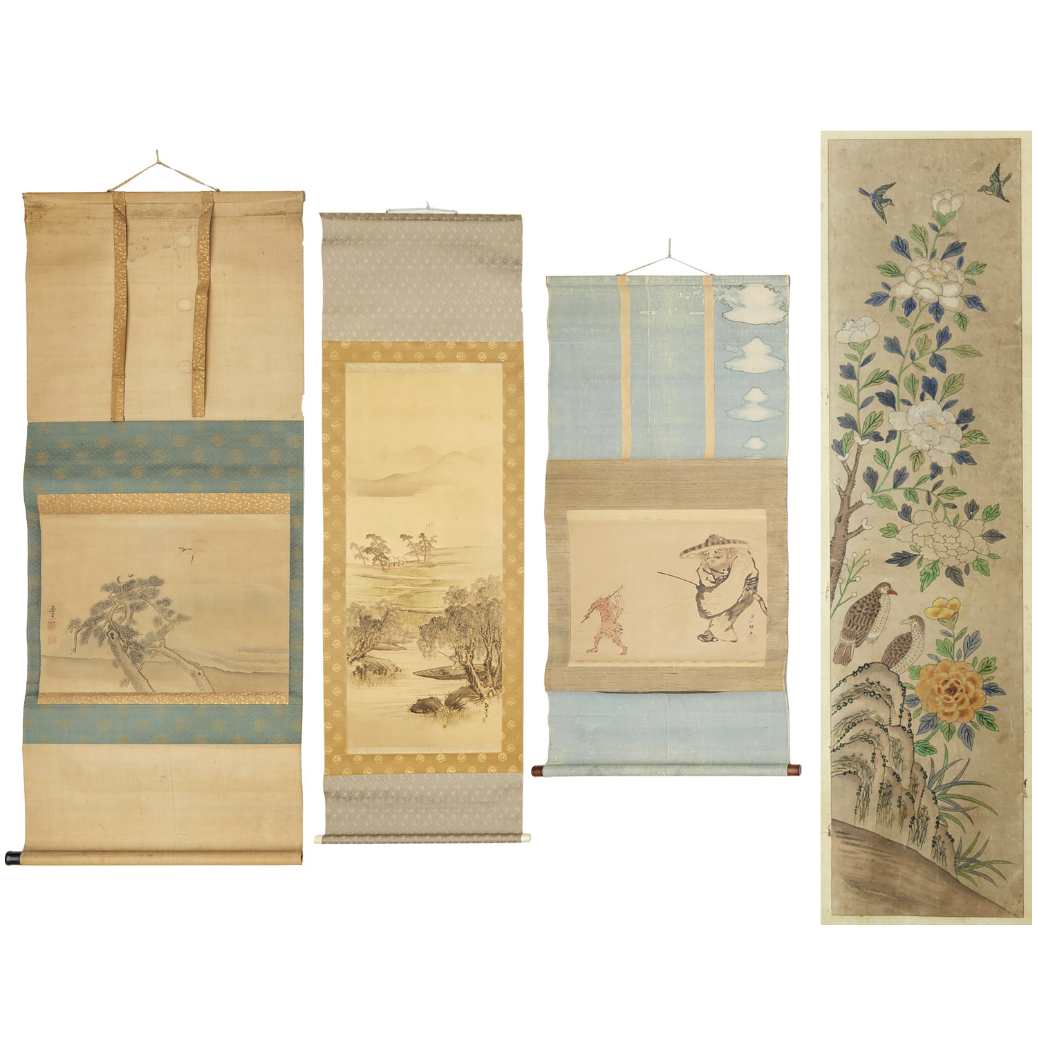 GROUP (4) JAPANESE SCROLL PAINTINGS