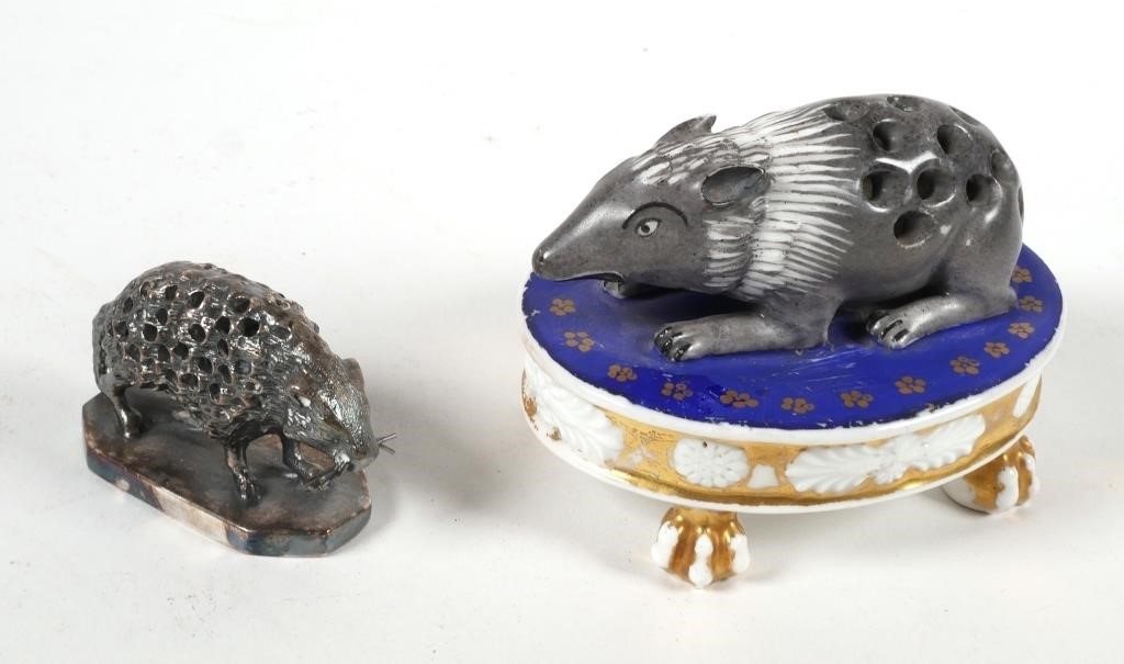  2 ANTIQUE HEDGEHOG FIGURAL TOOTHPICK 30c013