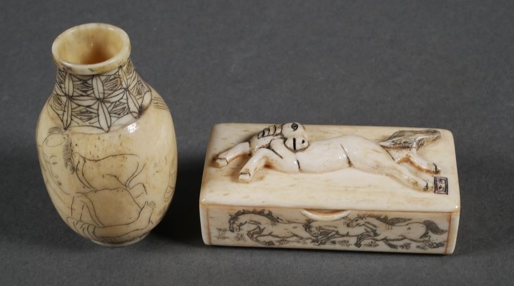 OLD JAPANESE CARVED BONE BOX &