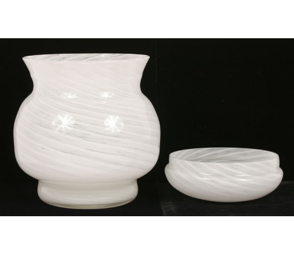 White swirl art glass vase and bowl.