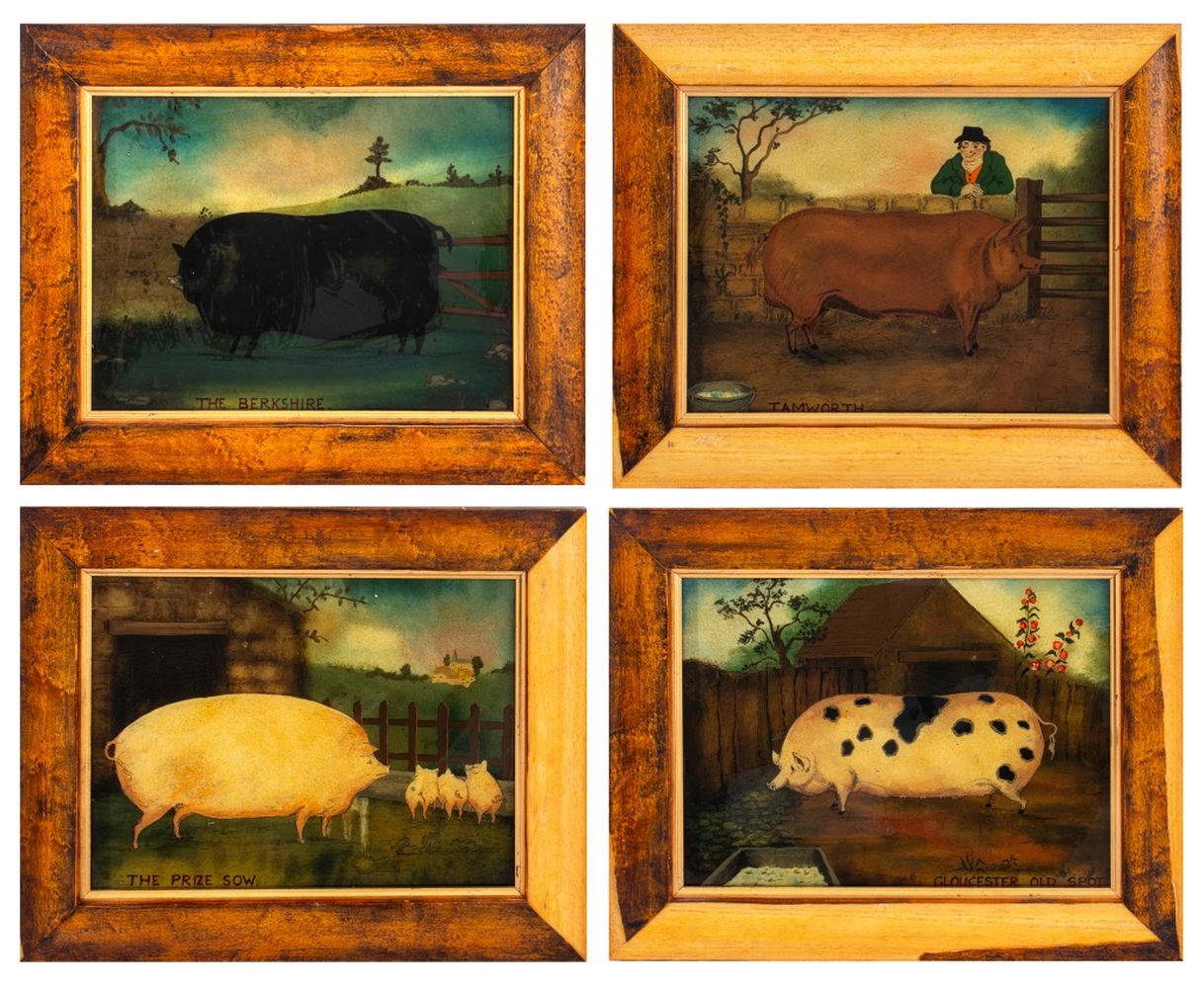 REVERSE GLASS PAINTINGS OF PRIZED PIGS,