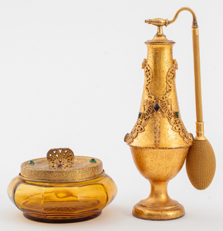 CZECH GOLD-TONED PERFUME BOTTLE & POWDER