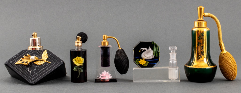 VINTAGE FLORAL BLACK PERFUME BOTTLES  30c403