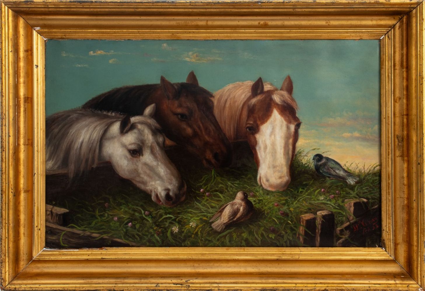 SIGNED 3 HORSES 2 BIRDS OIL ON 30c571