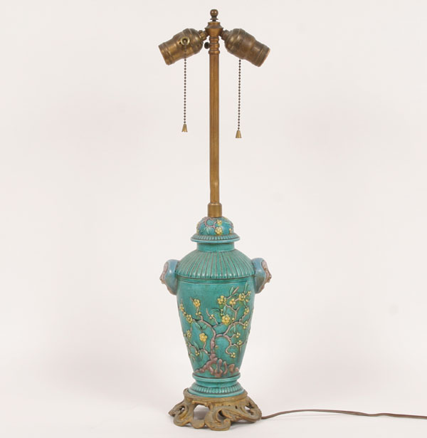 Ceramic vase form lamp with raised Japanese