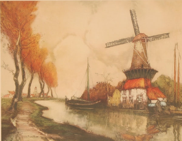 Print depicting Dutch scene with windmill