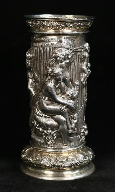 REPOUSSE SILVER PLATED VASE CUPIDS 30c680