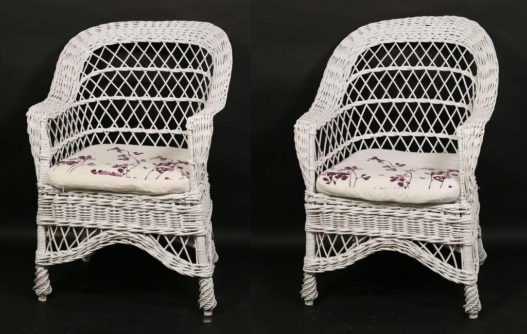 PAIR OF WHITE WICKER OUTDOOR LOUNGE