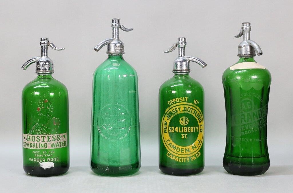 4 VINTAGE GREEN GLASS SELTZER BOTTLES4 30c747