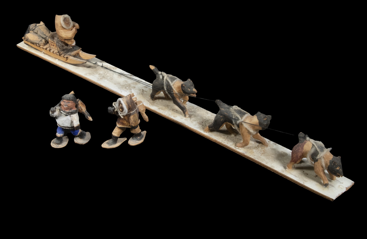 INUIT CARVED WOOD MODEL DOGSLED TEAM