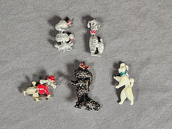 5 vintage costume poodle pins or brooches