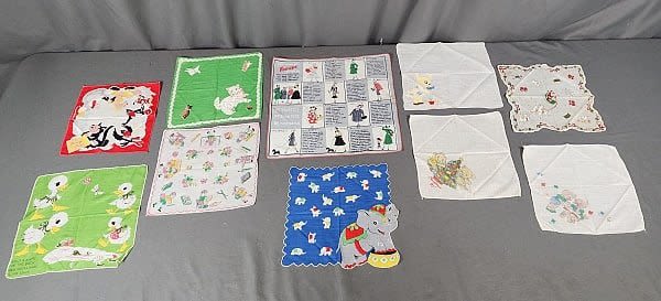 10 Vintage Handkerchiefs. 9 are printed,