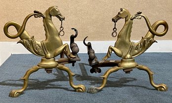 Antique brass andirons with seahorse 30cb19