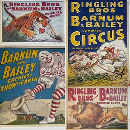 Five reproduction circus posters,