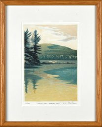 A landscape woodblock print depicting