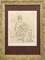 A vintage etching of a seated woman,