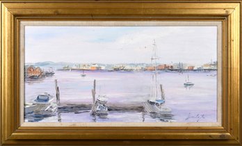 Vintage oil on canvas harbor scene 30ccbd