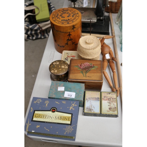 Assortment of lidded boxes, cards, art