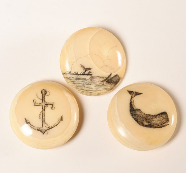 Three scrimshaw decorated buttons.