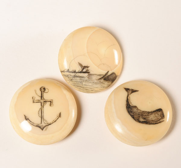 Three scrimshaw decorated buttons. 1Diam.