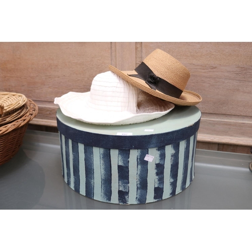 Hat box with hats, approx 20cm H x 45cm