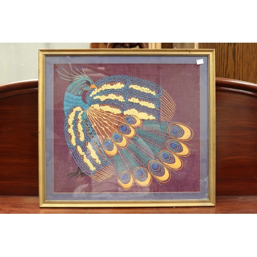 Framed embroided peacock, approx