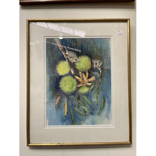 P Geary, water colour, possums and blossums,