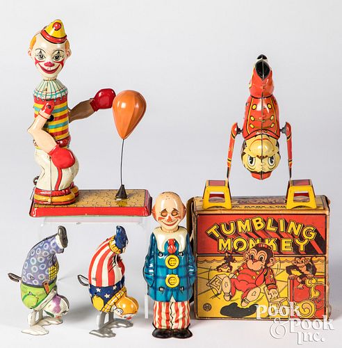 FIVE LITHOGRAPHED TIN WIND-UP TOYSFive