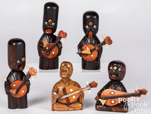 FIVE CARVED AND PAINTED STRUMMING KOBE
