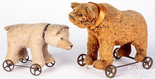 TWO STUFFED MOHAIR BEARS PULL TOYSTwo