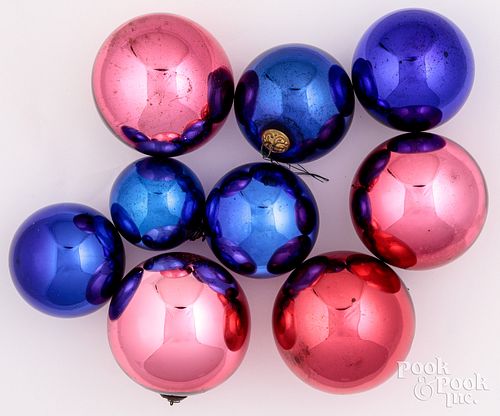 NINE RED AND BLUE GLASS KUGEL ORNAMENT