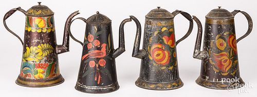 FOUR TOLEWARE COFFEEPOTS, 19TH