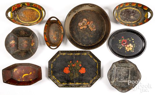 NINE TOLEWARE TRAYS AND PANS, 19TH