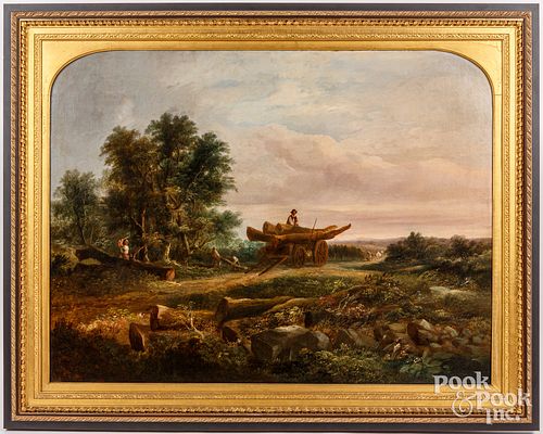 OIL ON CANVAS LANDSCAPE WITH LOGGERS  30d16e