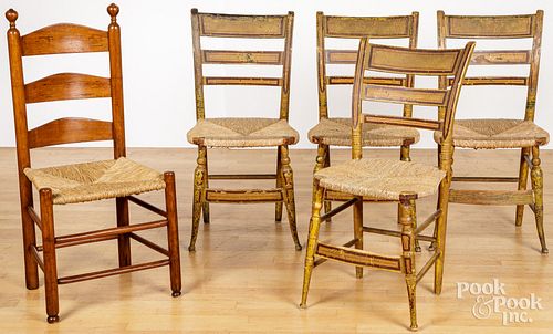 FOUR PAINTED RUSH SEAT CHAIRS,