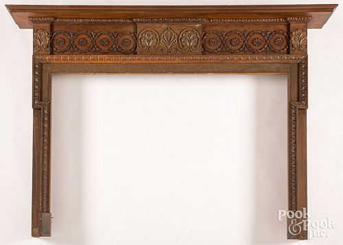 CARVED OAK MANTEL, EARLY 20TH C.Carved