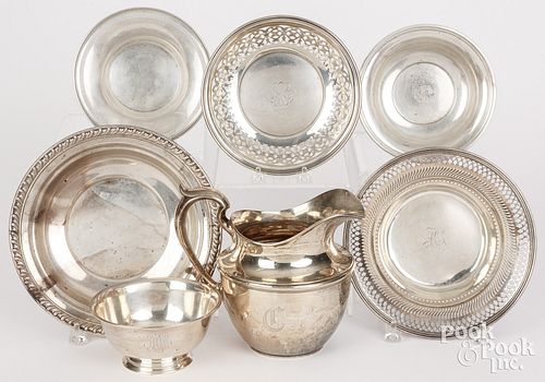 SIX STERLING SILVER BOWLS AND A PITCHERSix