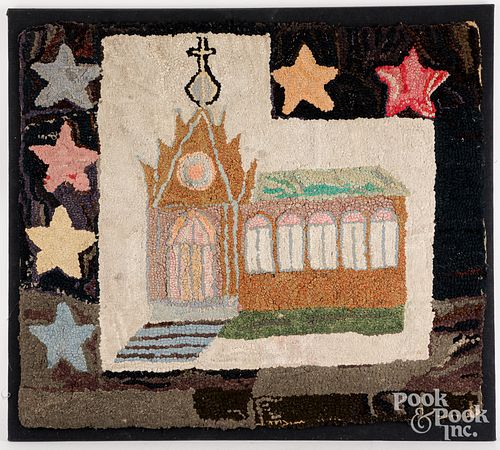 HOOKED RUG WITH CHURCH AND STARS,