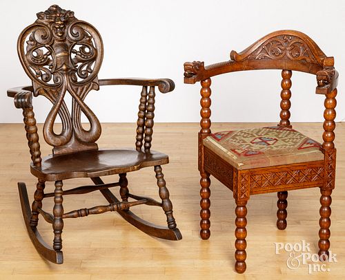 CARVED OAK CORNER CHAIR AND ROCKERCarved 30d35e
