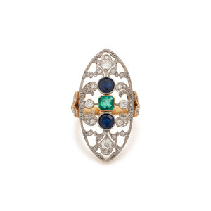 EMERALD, SAPPHIRE AND DIAMOND RING
Containing