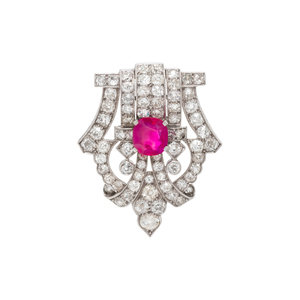 ART DECO, RUBY AND DIAMOND BROOCH
Containing