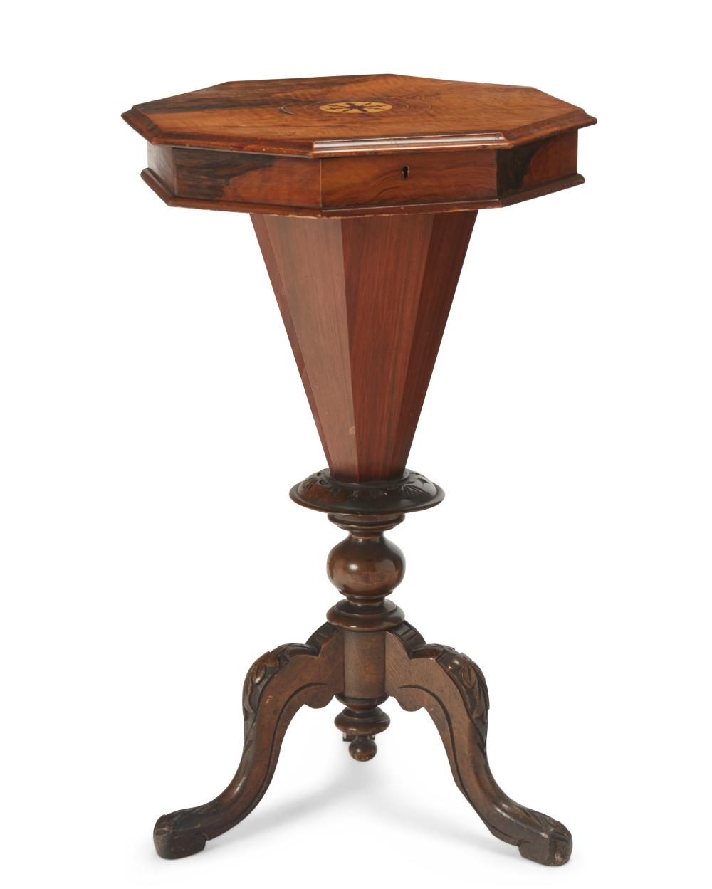 A VICTORIAN WALNUT OCTAGONAL SEWING 30b103